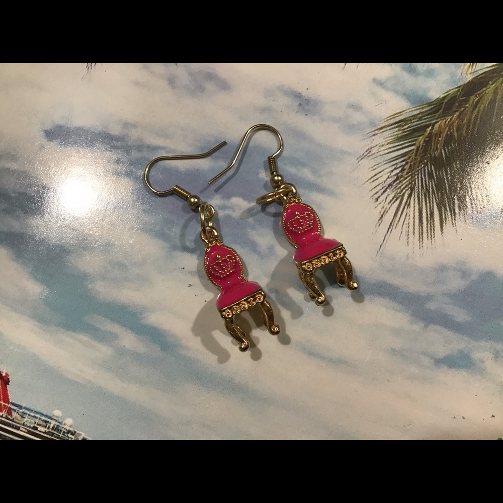 3D enamel designer chairs earrings 14k gold pink